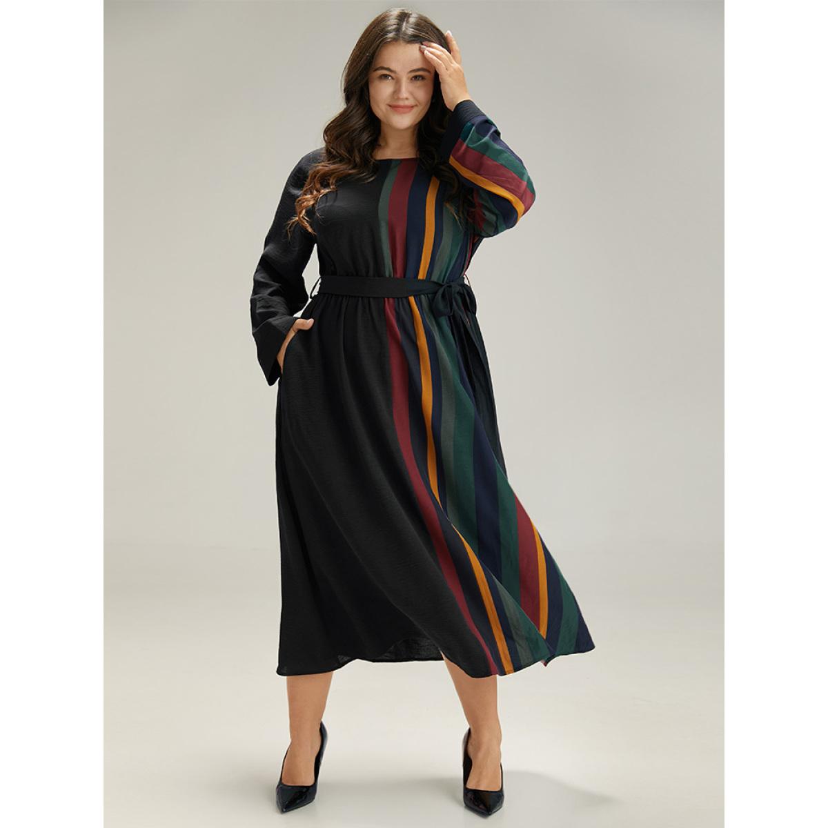 Plus Size Striped Pocket Patchwork Belted Elastic Waist Dress Black Women Office Belted Round Neck Long Sleeve Curvy Midi Dress BloomChic 14-16/1X Product Image