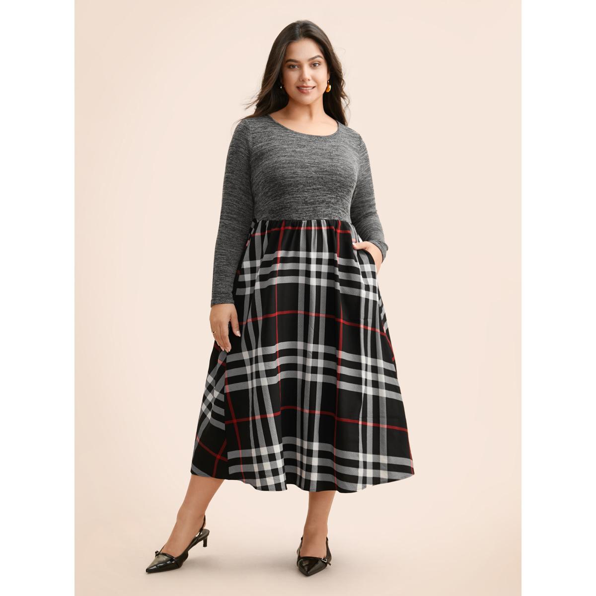 Plus Size Plaid Patchwork Elastic Waist Dress Black Women Casual Patchwork Round Neck Long Sleeve Curvy BloomChic 18-20/2X Product Image