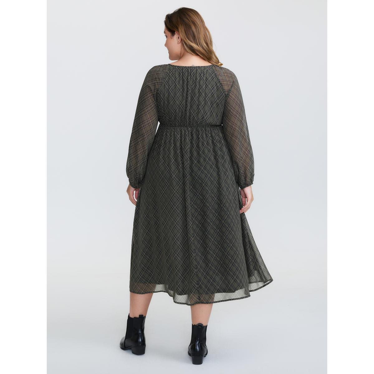 Plus Size Diamond Print Neck Tie Midi Dress DarkSlateGray Women Leisure Tie knot Round Neck Extra Long Sleeve Curvy BloomChic 26/4X Product Image