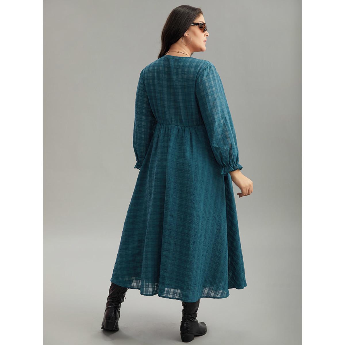 Plus Size Plaid Wrap Elastic Waist Gathered Ruffles Dress Cyan Women Casual Plain V-neck Long Sleeve Curvy Midi Dress BloomChic 10/M Product Image