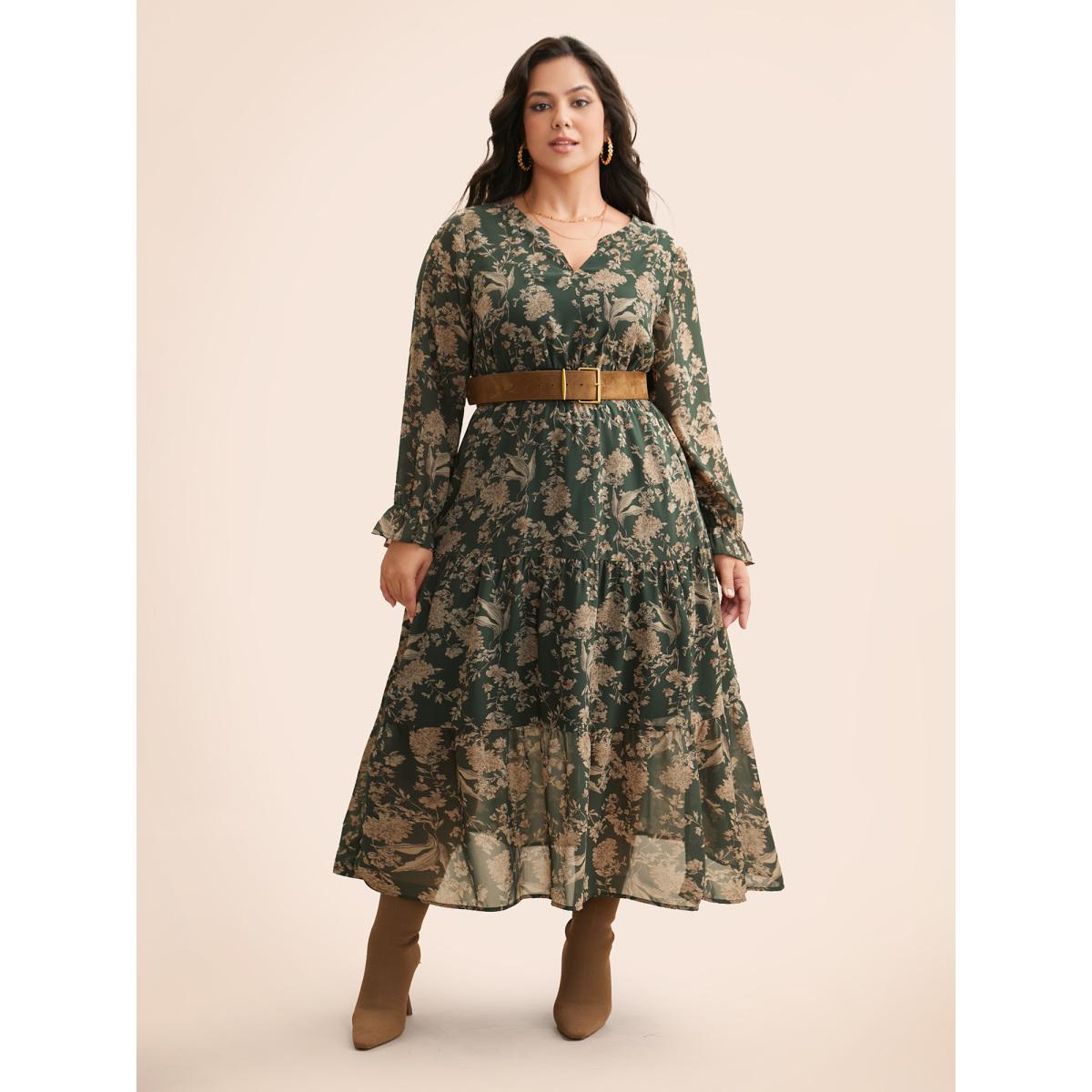 Plus Size Floral Shirred Ruffles See Through Dress ArmyGreen Women Elegant See through Flat collar with V-notch Long Sleeve Curvy BloomChic 30/6X Product Image