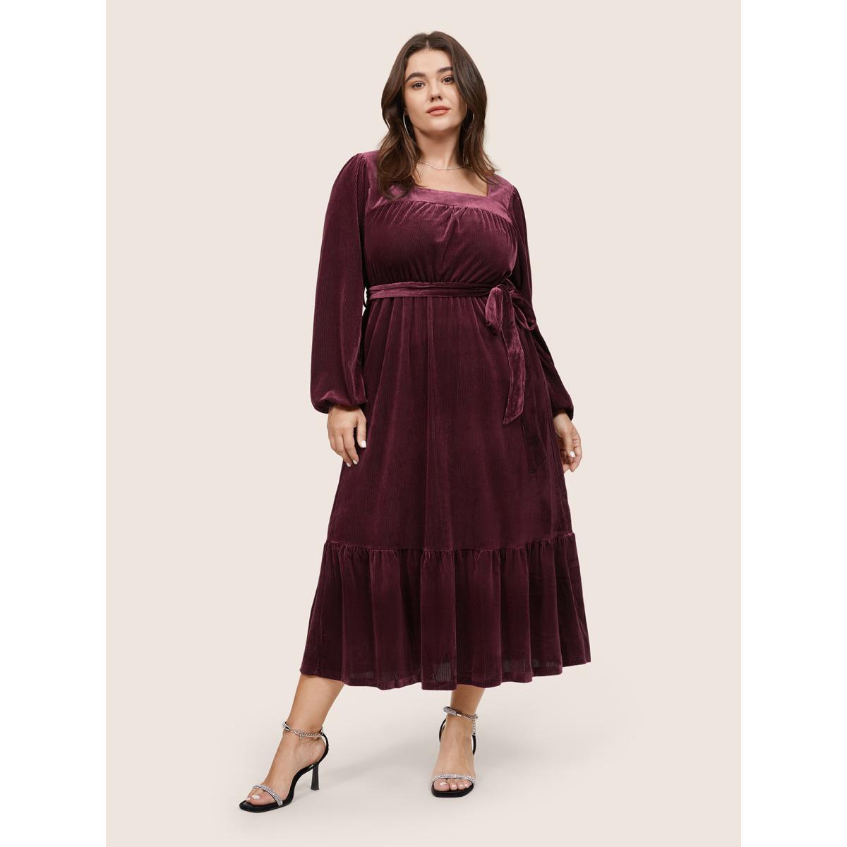 Plus Size Velvet Belted Square Neck Gathered Dress Russet Women Glamour Velvet Square Neck Long Sleeve Curvy Midi Dress BloomChic 14-16/1X Product Image