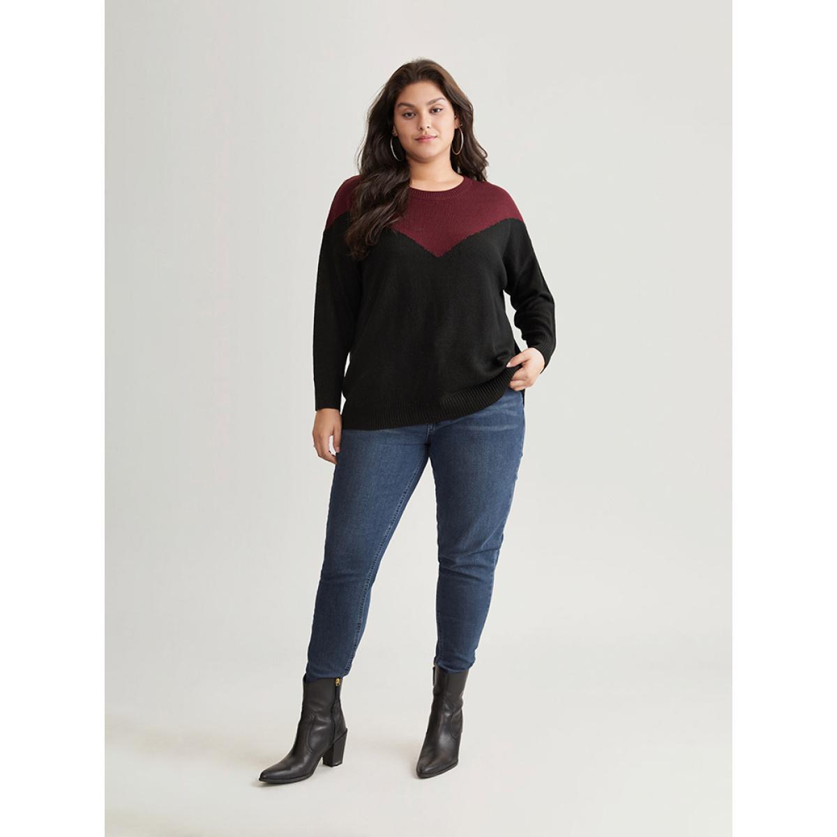 Plus Size Patchwork Colorblock Drop Shoulder Pullover Burgundy Women Casual Loose Long Sleeve Round Neck Dailywear Pullovers BloomChic 18-20/2X Product Image