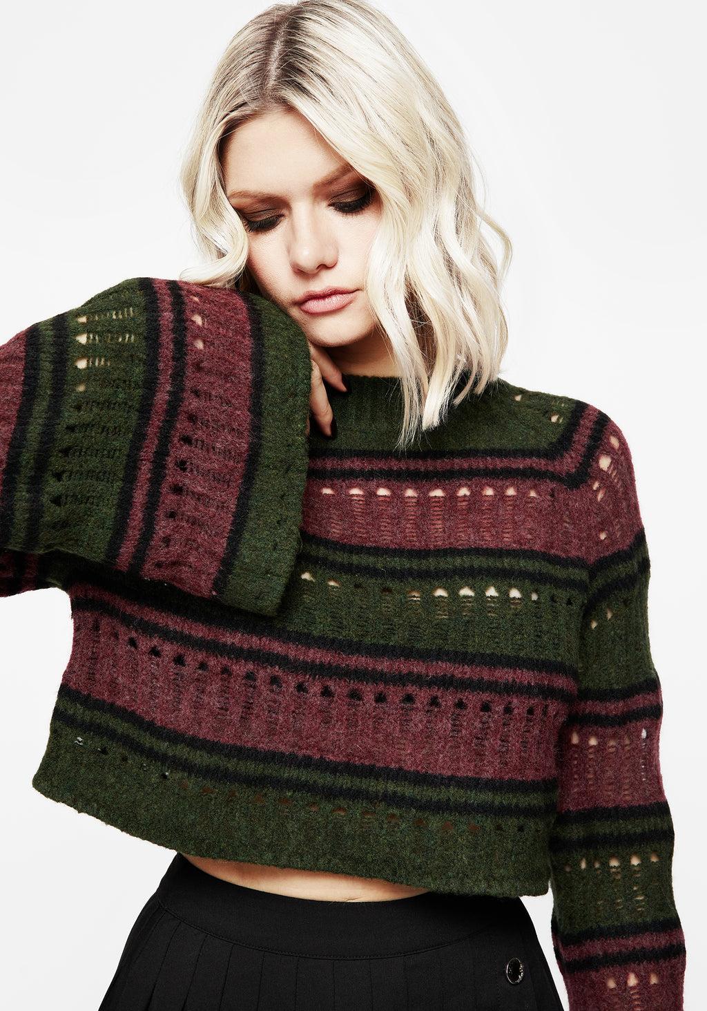 Splinter Stripe Knit Flare Sleeve Crop Sweater Product Image