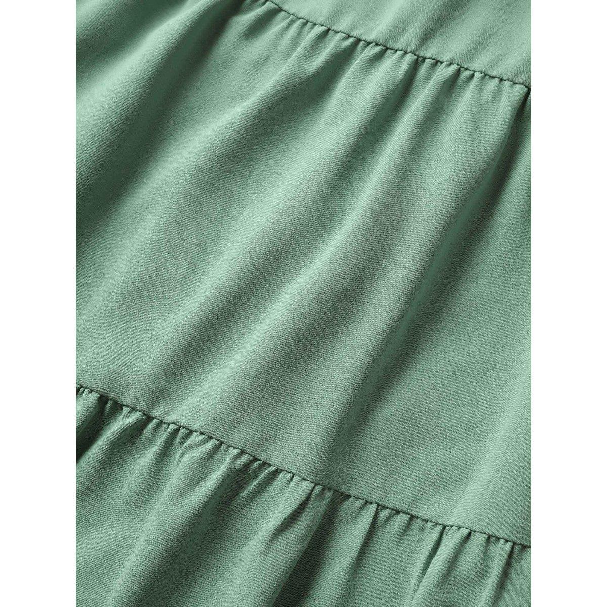 Plus Size Solid Gathered Lantern Sleeve Ruffle Layered Hem Dress Mint Women Elegant Non V-neck Short sleeve Curvy Midi Dress BloomChic 14-16/1X Product Image