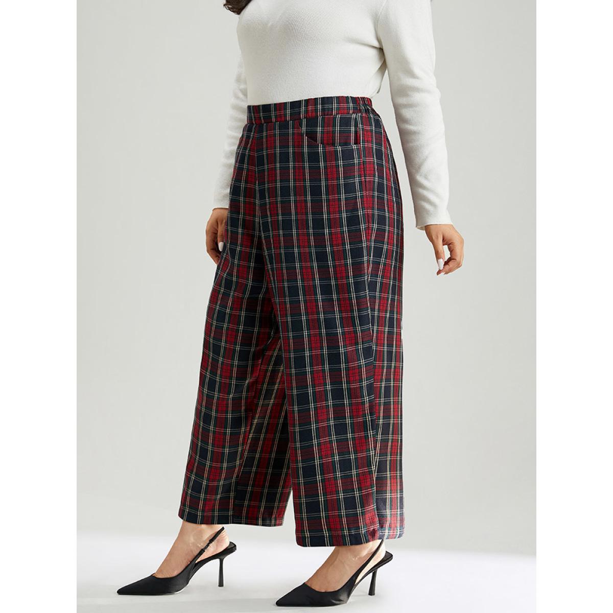Plus Size Plaid Elastic Waist Pocket Straight Leg Pants Women Multicolor Elegant Straight Leg High Rise Festival-Christmas Pants BloomChic 14-16/1X Product Image