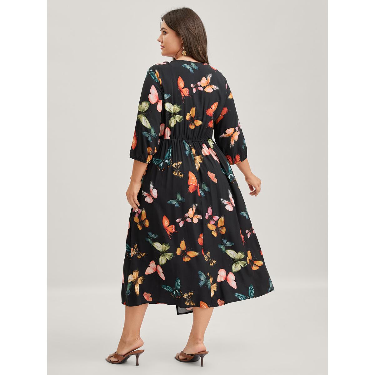 Plus Size Butterfly Print Side Tie Pockets Midi Dress Black Women Overlap Collar Elbow-length sleeve Curvy BloomChic 18-20/2X Product Image