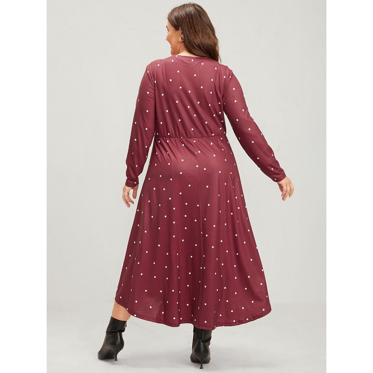 Plus Size Polka Dot Pocket Round Neck Midi Dress DustyPink Women Elegant Pocket Round Neck Long Sleeve Curvy Midi Dress BloomChic 14-16/1X Product Image