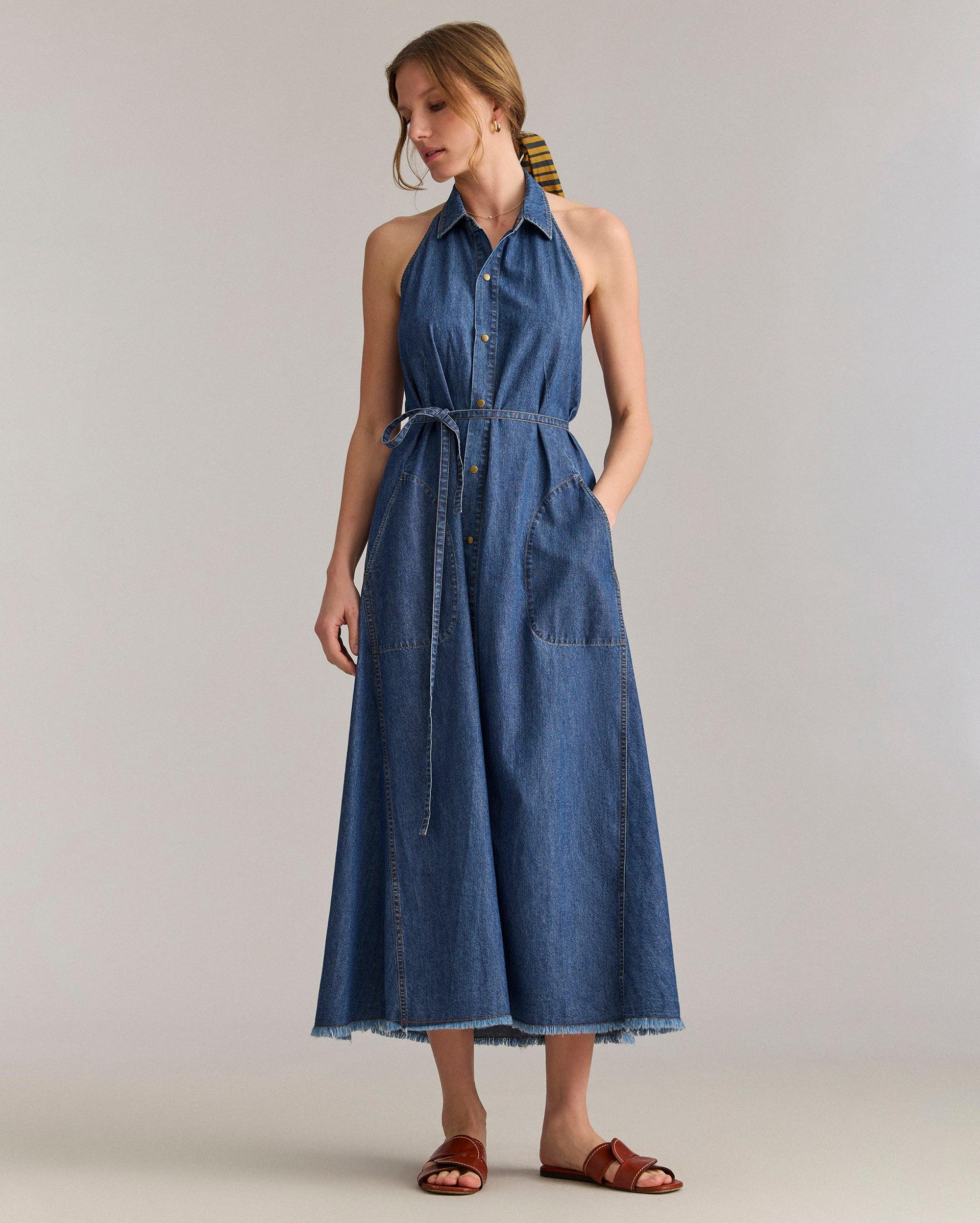 Denim Halterneck Shirt Dress -  Product Image