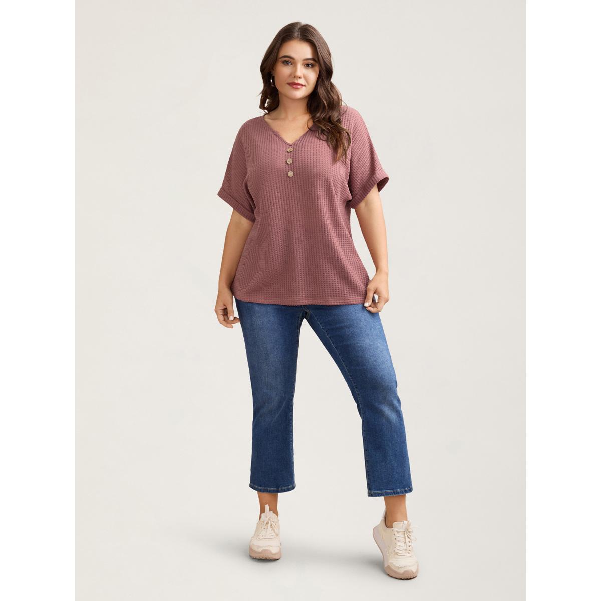 Plus Size Waffle Knit Stretchy Button Split Neck T-Shirt DustyPink Women Leisure Texture Flat collar with V-notch Casual T-shirts BloomChic 30/6X Product Image
