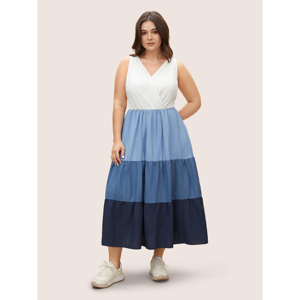 Plus Size Colorblock Contrast Ruffle Layered Hem Dress Blue Women Casual Overlapping V-neck Sleeveless Curvy BloomChic 14-16/1X Product Image