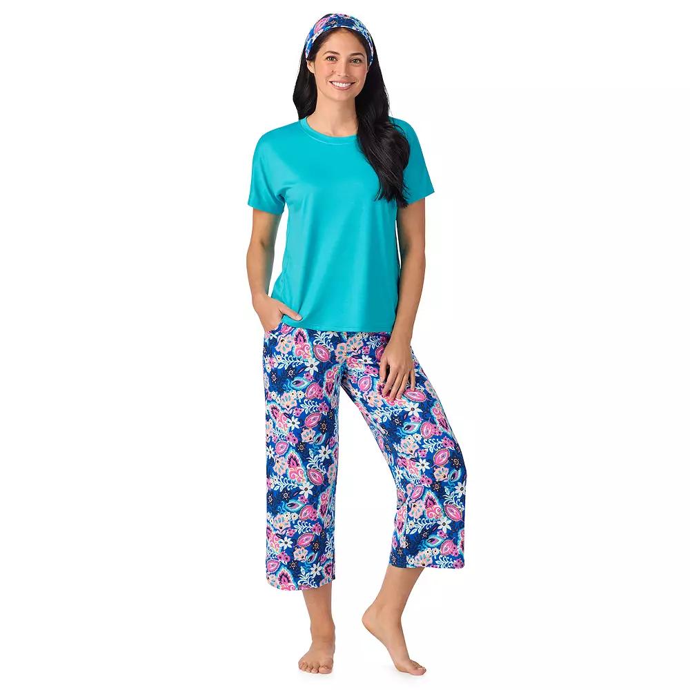 Women's Cuddl Duds® 2-pc. Pajama Crewneck Top & Pajama Capri Pants Set with Matching Headband, Size: Large, Blue Ethnic Floral Product Image