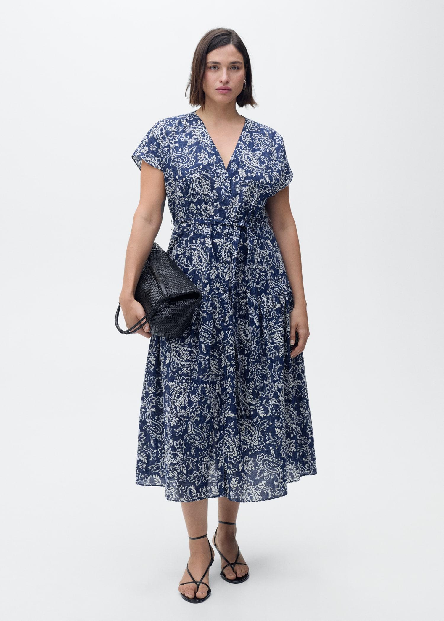 Paisley flared dress with belt - Women | MANGO USA Product Image