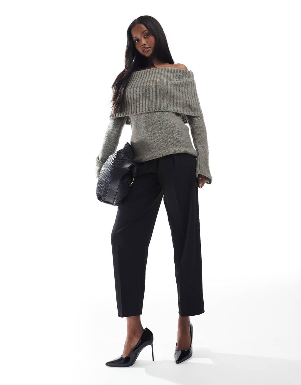 ASOS DESIGN chunky bardot rib sweater in sage Product Image