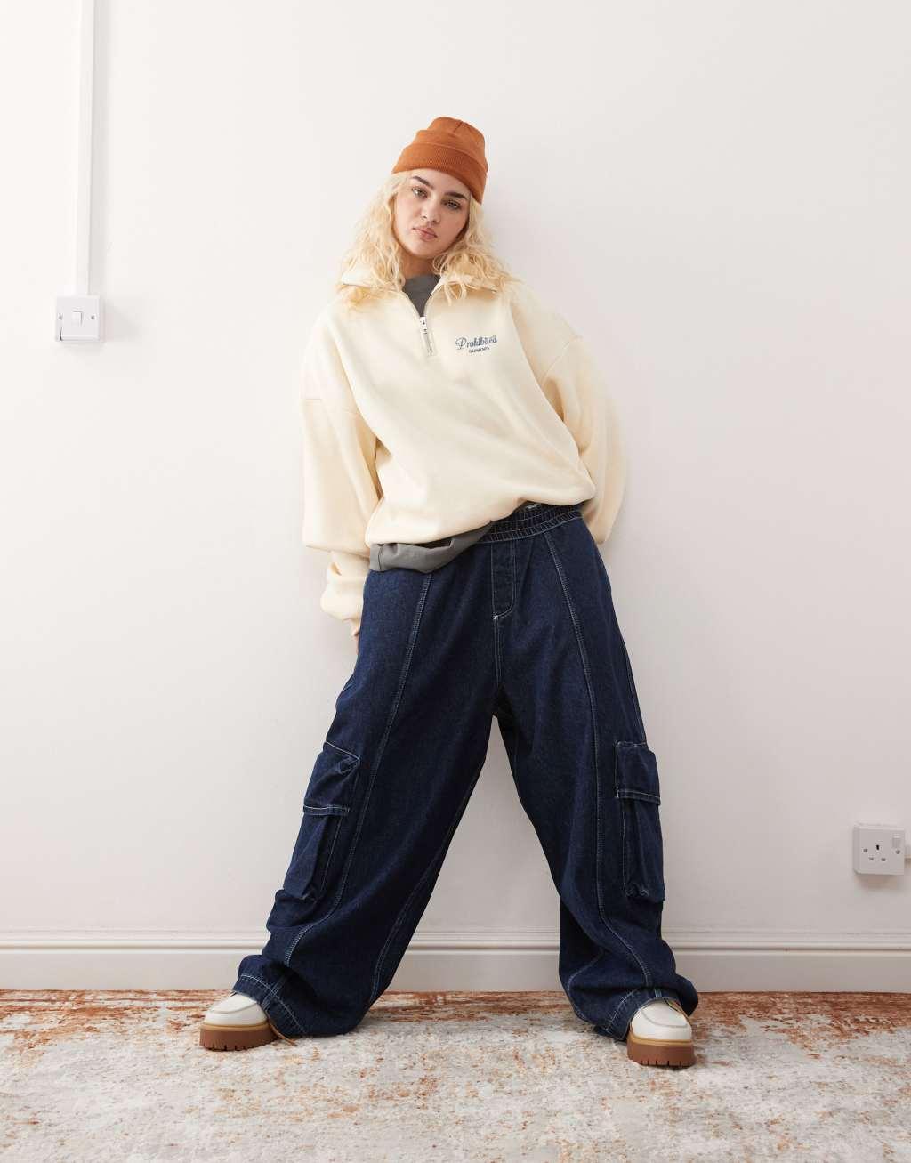 Prohibited half zip contrast logo detail sweatshirt in cream Product Image