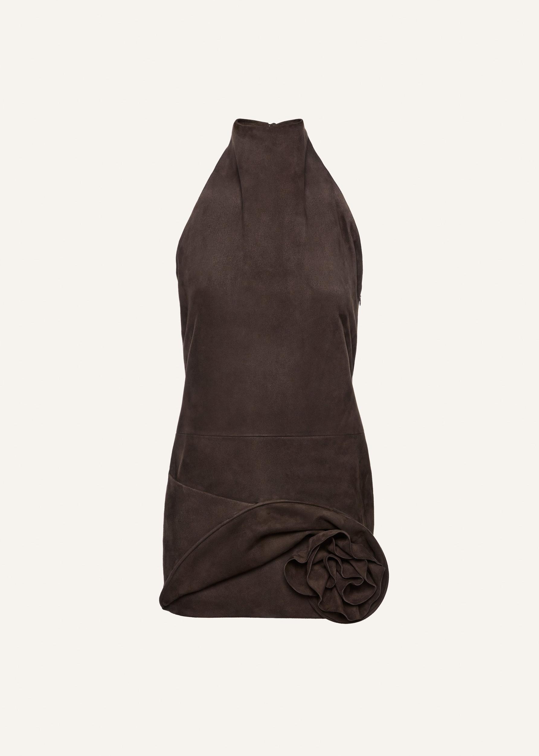 Flower applique halter dress in brown suede Product Image