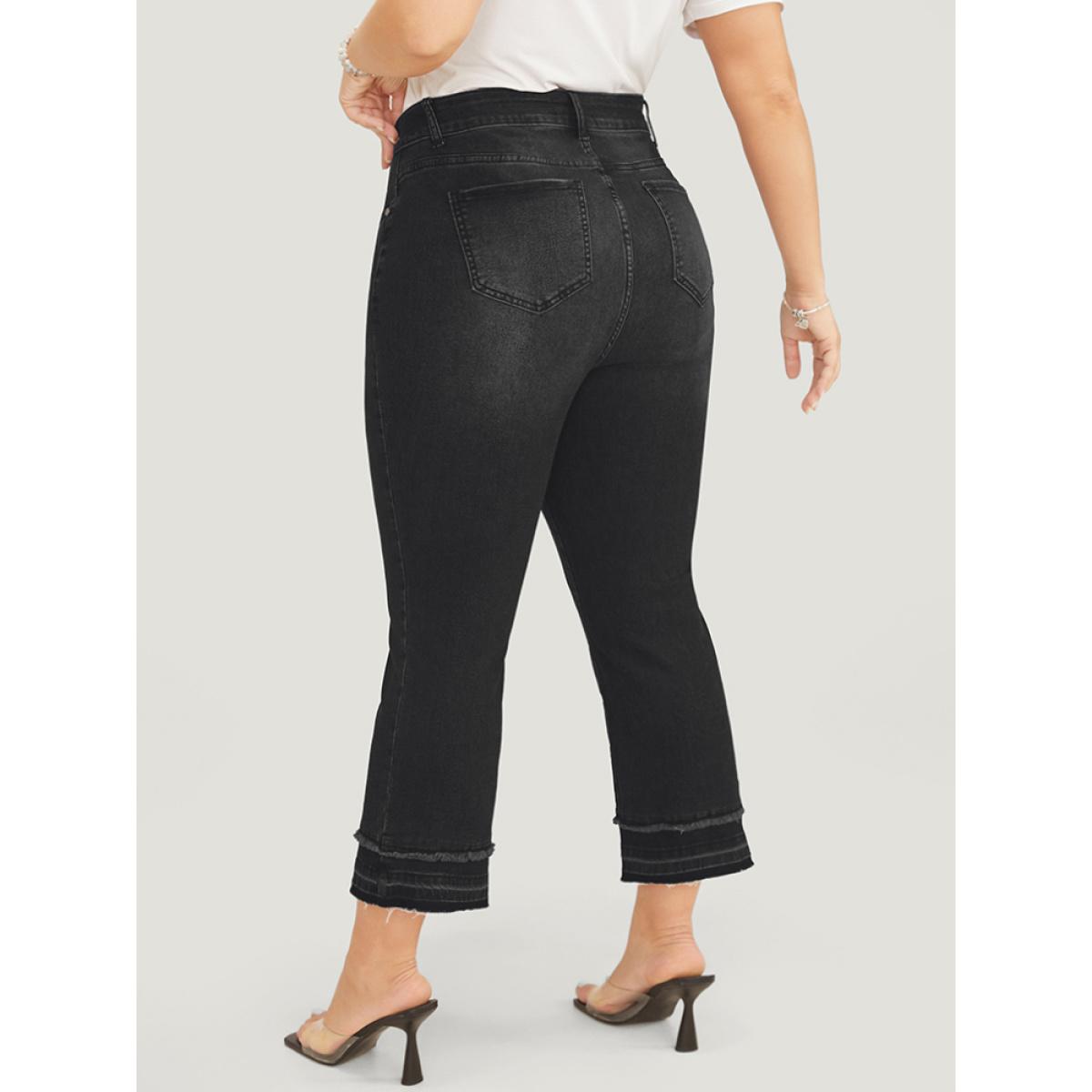 Plus Size Bootcut Very Stretchy High Rise Dark Wash Fringe Detail Jeans Women Black Casual Plain High stretch Slanted pocket Jeans BloomChic 10/M Product Image