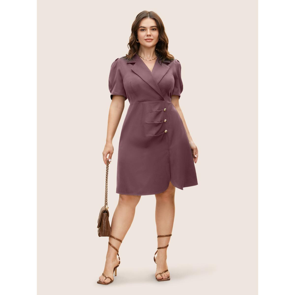 Plus Size Suit Collar Metal Detail Lantern Sleeve Dress Mauve Women Workwear Essentials Button Suit Collar Sleeveless Curvy BloomChic 14-16/1X Product Image
