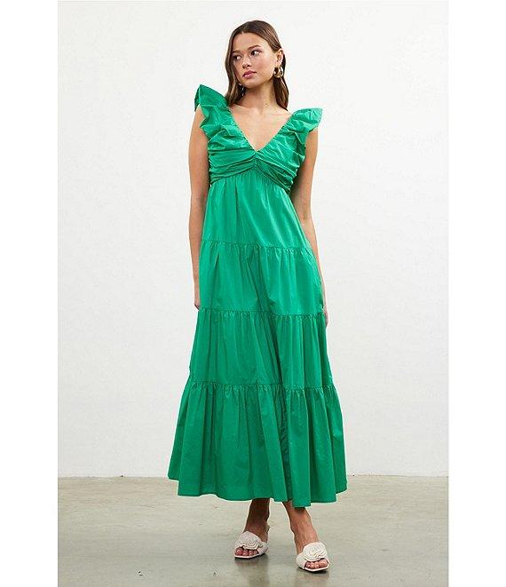 Skies Are Blue Poplin V-Neck Cap Sleeve Shirred Maxi Dress Product Image