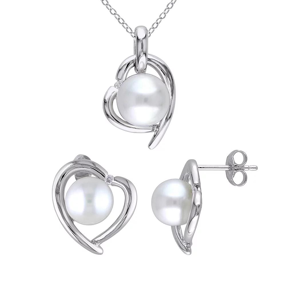 Stella Grace Freshwater Cultured Pearl & Diamond Accent Heart Necklace & Earring Set, Women's, Size: 18", Sterling Product Image
