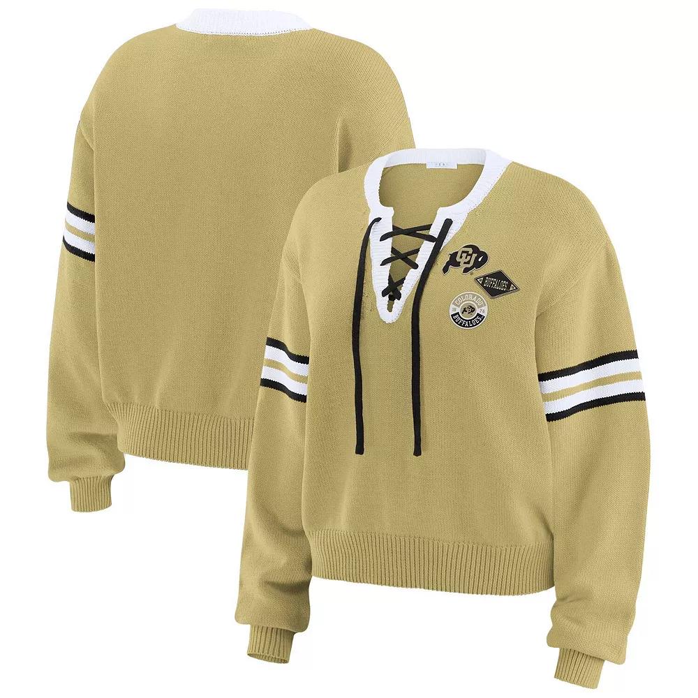 Women's WEAR by Erin Andrews Gold Colorado Buffaloes Lace-Up Pullover Sweater, Size: Small Product Image