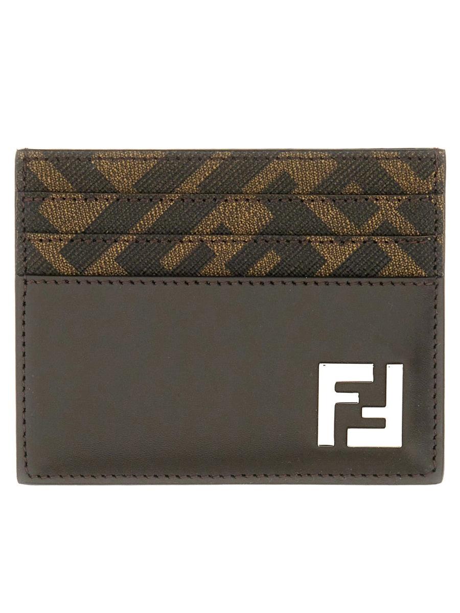 FENDI Brown Card-holder With Squared Ff Motif In Leather And Ff Canvas Man In Ebony Product Image