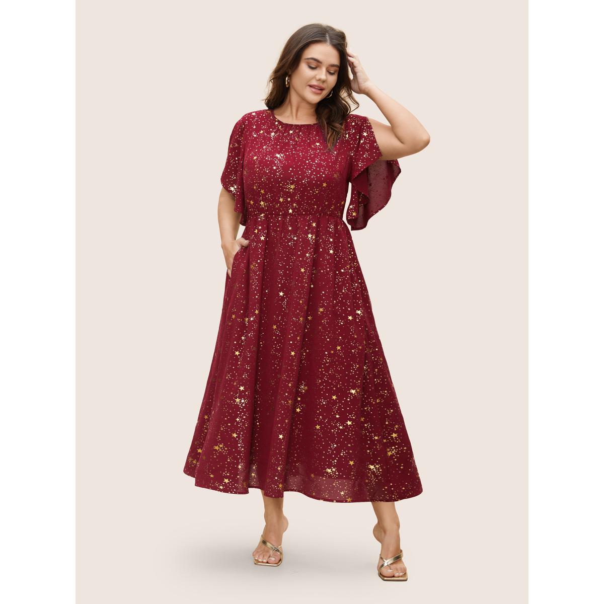 Plus Size Glitter Star Split Sleeve Midi Dress Cyan Women Elegant Gathered Round Neck Short sleeve Curvy BloomChic 22-24/3X Product Image