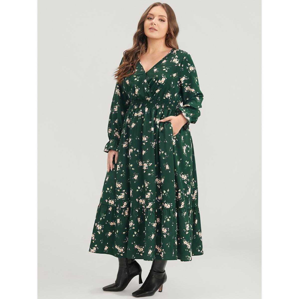 Plus Size Floral Lantern Sleeve Pocket Wrap Shirred Dress Without Hat DarkGreen Women Elegant Pocket V-neck Long Sleeve Curvy Midi Dress BloomChic 26/4X Product Image