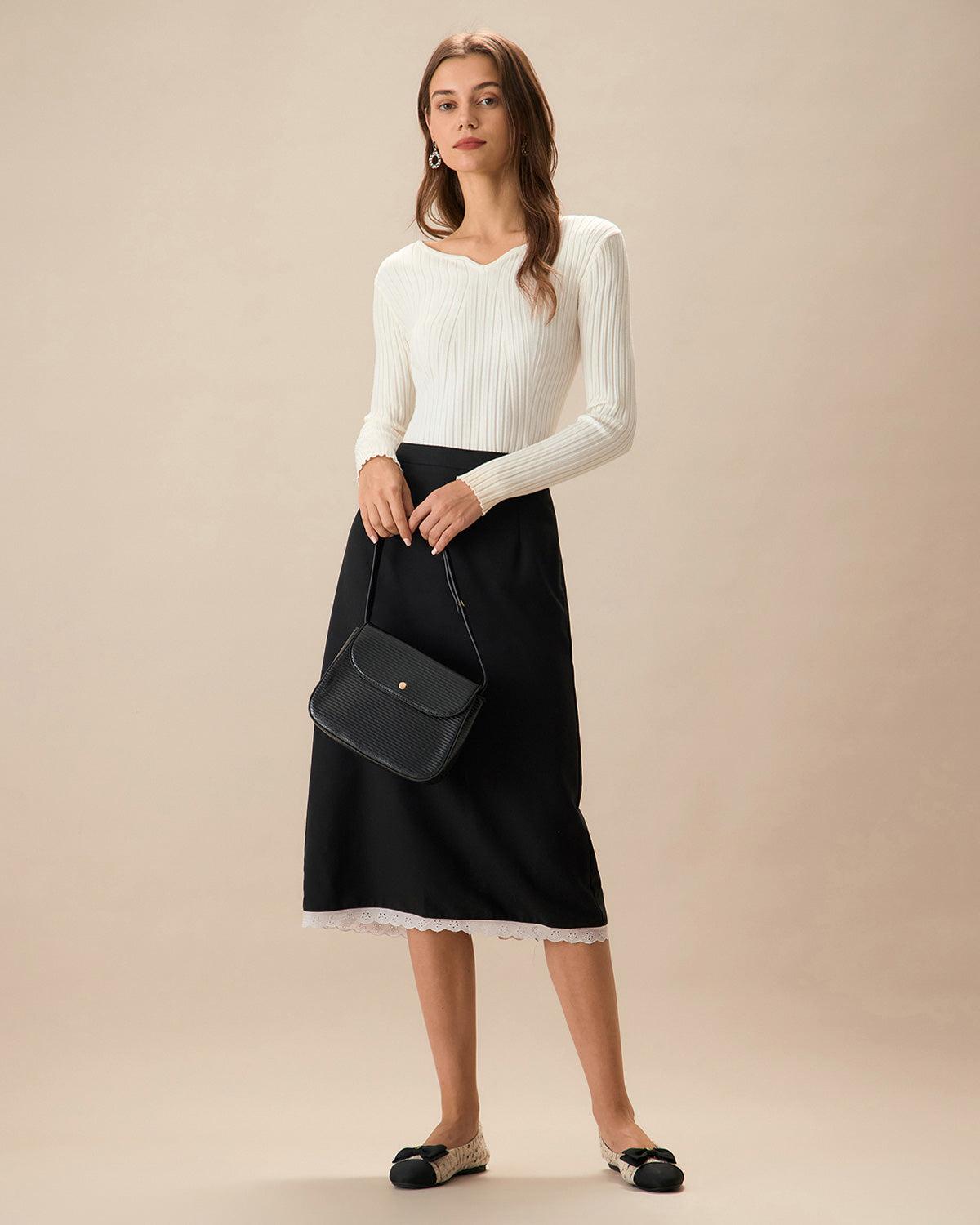 The White V Neck Teardrop Ribbed Knit Top Product Image