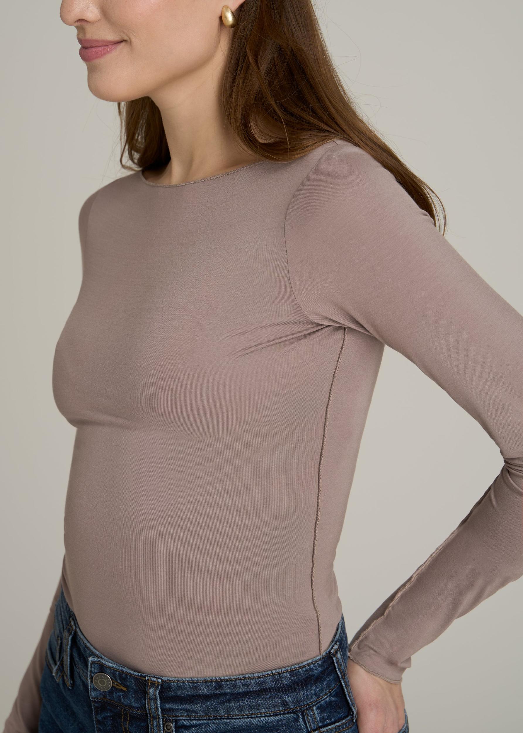 Boatneck Long Sleeve Exposed Seam Top for Tall Women in Dark Sand Female Product Image