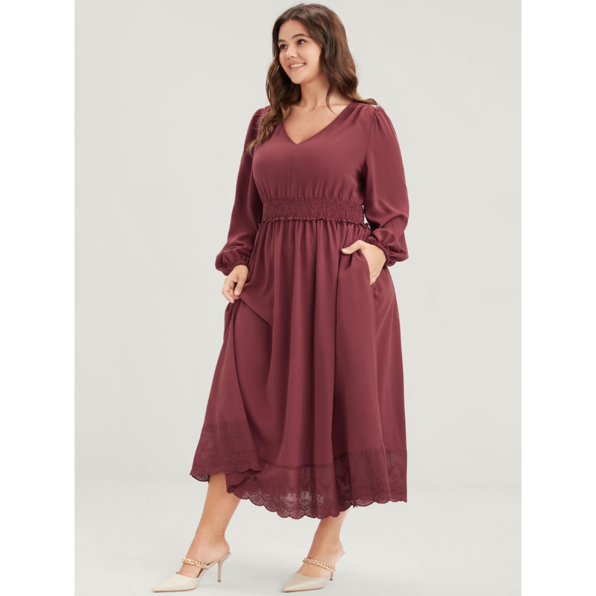 Plus Size Solid Pocket Lantern Sleeve Patchwork Ruffled Shirred Dress DustyPink Women Elegant Plain V-neck Long Sleeve Curvy Midi Dress BloomChic 12/L Product Image
