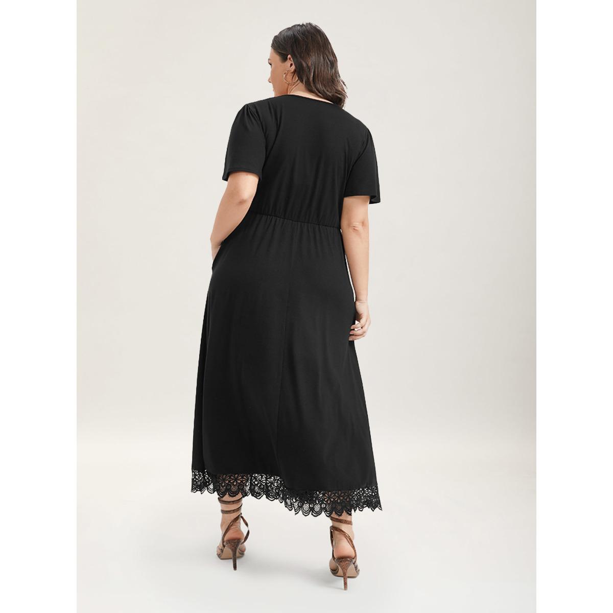Plus Size Solid Pocket Contrast Lace Split Maxi Dress Black Women Romantic Patchwork V-neck Short sleeve Curvy Long Dress BloomChic 14-16/1X Product Image