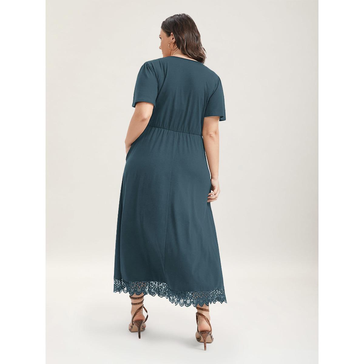 Plus Size Solid Pocket Contrast Lace Split Maxi Dress Aegean Women Romantic Patchwork V-neck Short sleeve Curvy Long Dress BloomChic 26/4X Product Image