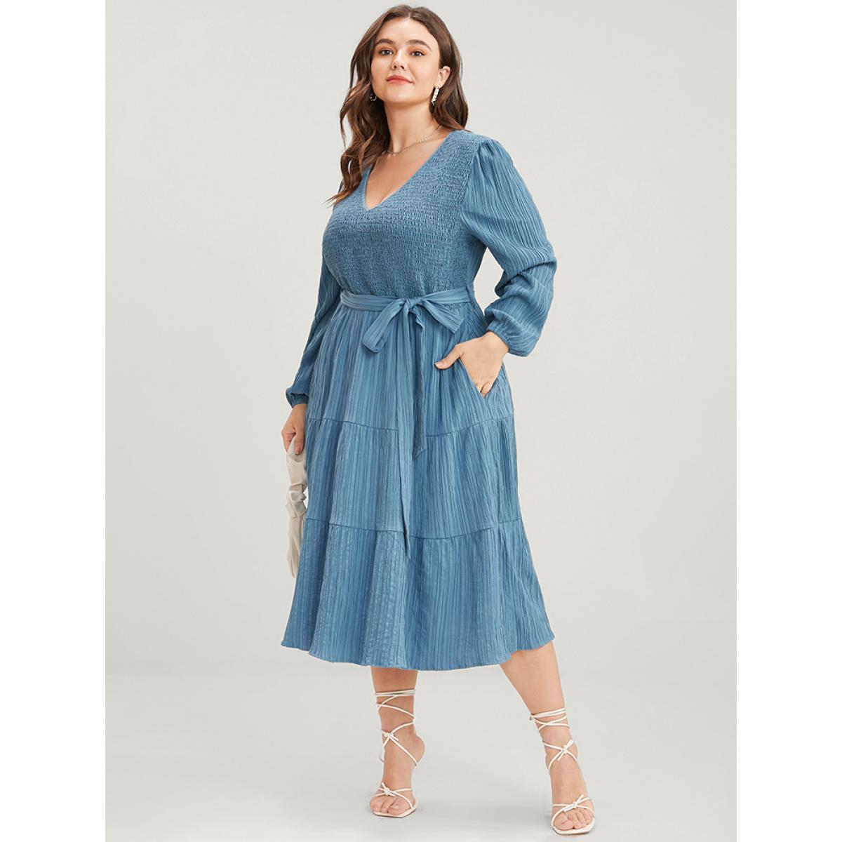 Plus Size Solid Textured V Neck Pocket Shirred Belted Flutter Dress Aegean Women Elegant Tiered V-neck Long Sleeve Curvy Midi Dress BloomChic 10/M Product Image