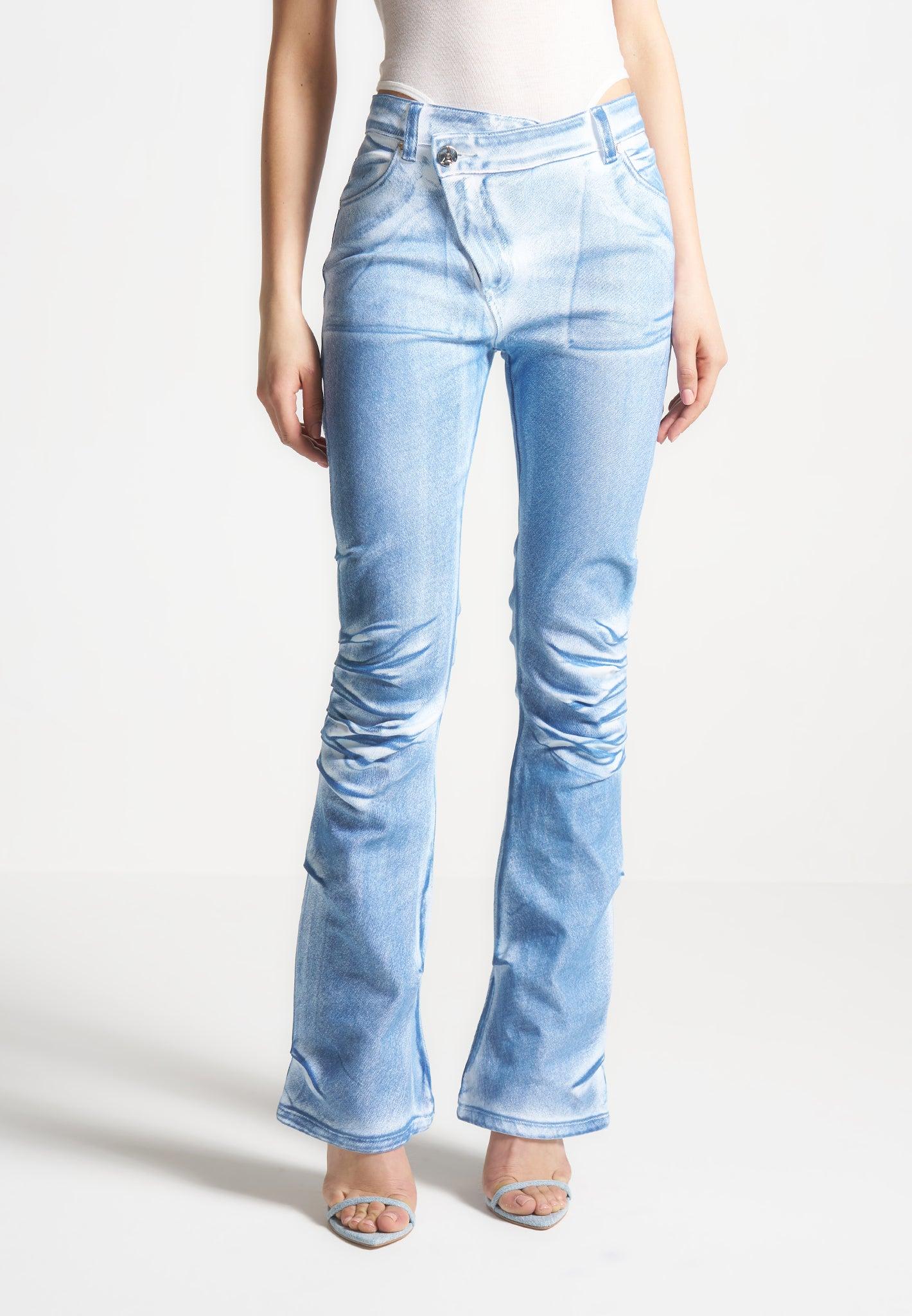 Denim Effect Tacked Fit and Flare Jeans - White/Blue Female Product Image