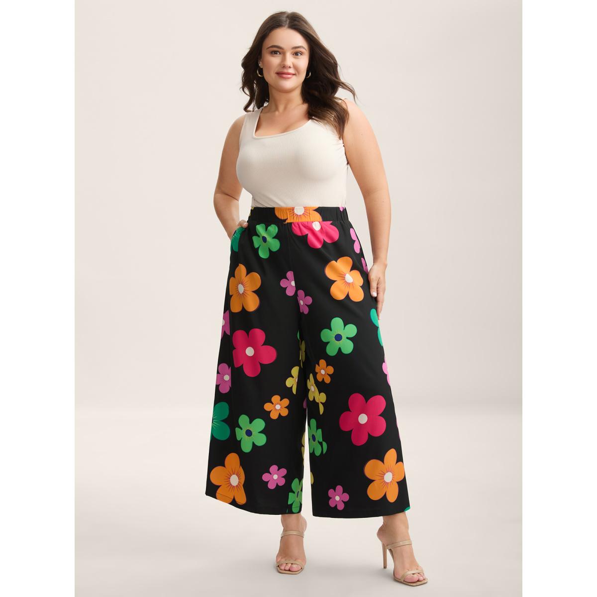 Plus Size Colorful Large Floral Print Wide-Leg Pants Women BlackFlower Playful Wide Leg Mid Rise Casual Pants BloomChic 10/M Product Image