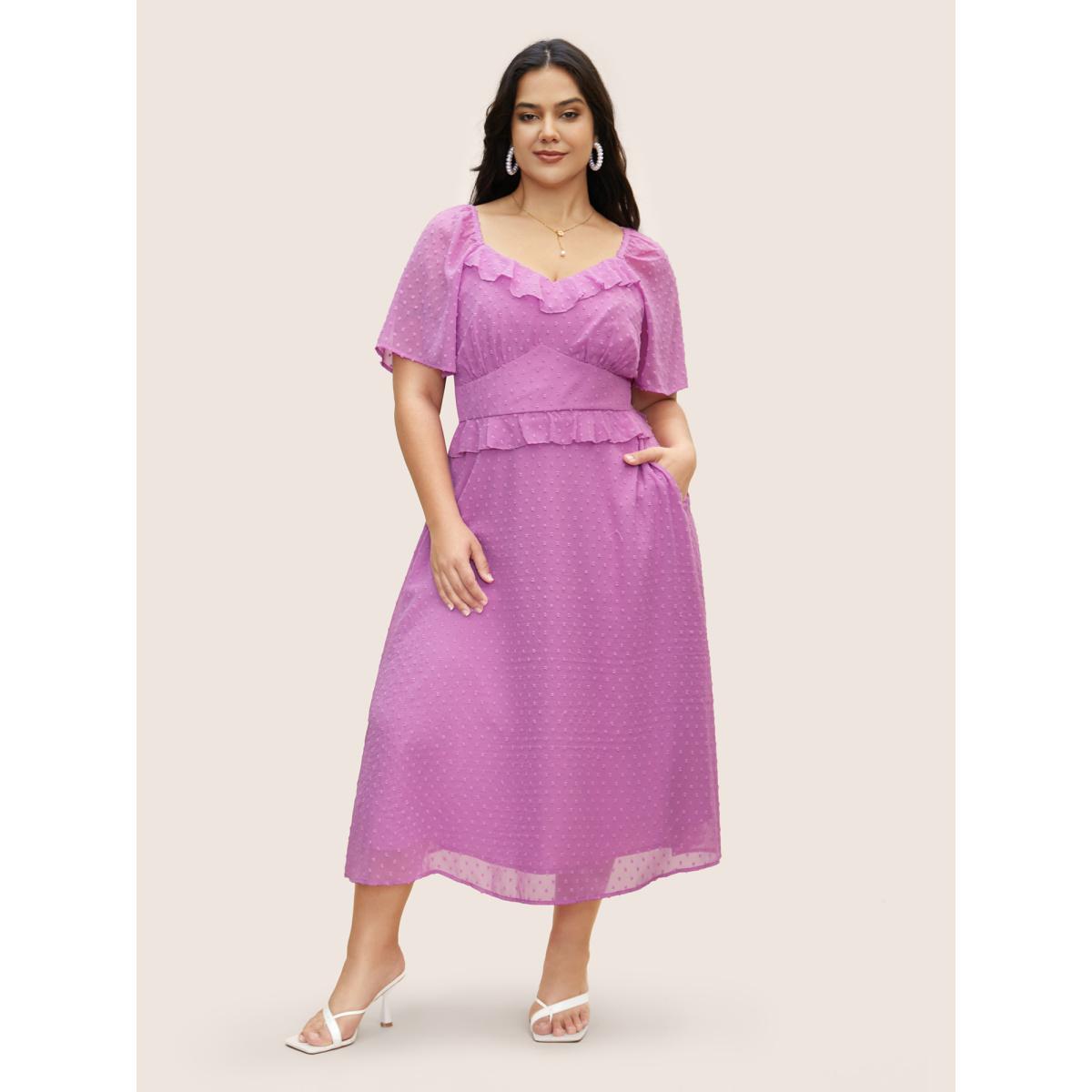 Plus Size Textured Ruffles Shirred Raglan Sleeve Dress RedViolet Women Elegant Texture Heart neckline Half Sleeve Curvy BloomChic 26/4X Product Image