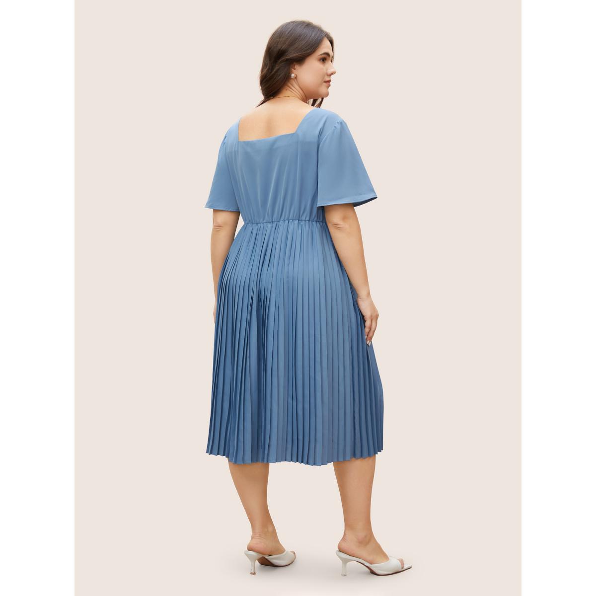 Plus Size Square Neck Plain Pleated Ruffle Sleeve Dress Stone Women At the Office Pleated Square Neck Short sleeve Curvy BloomChic 28/5X Product Image