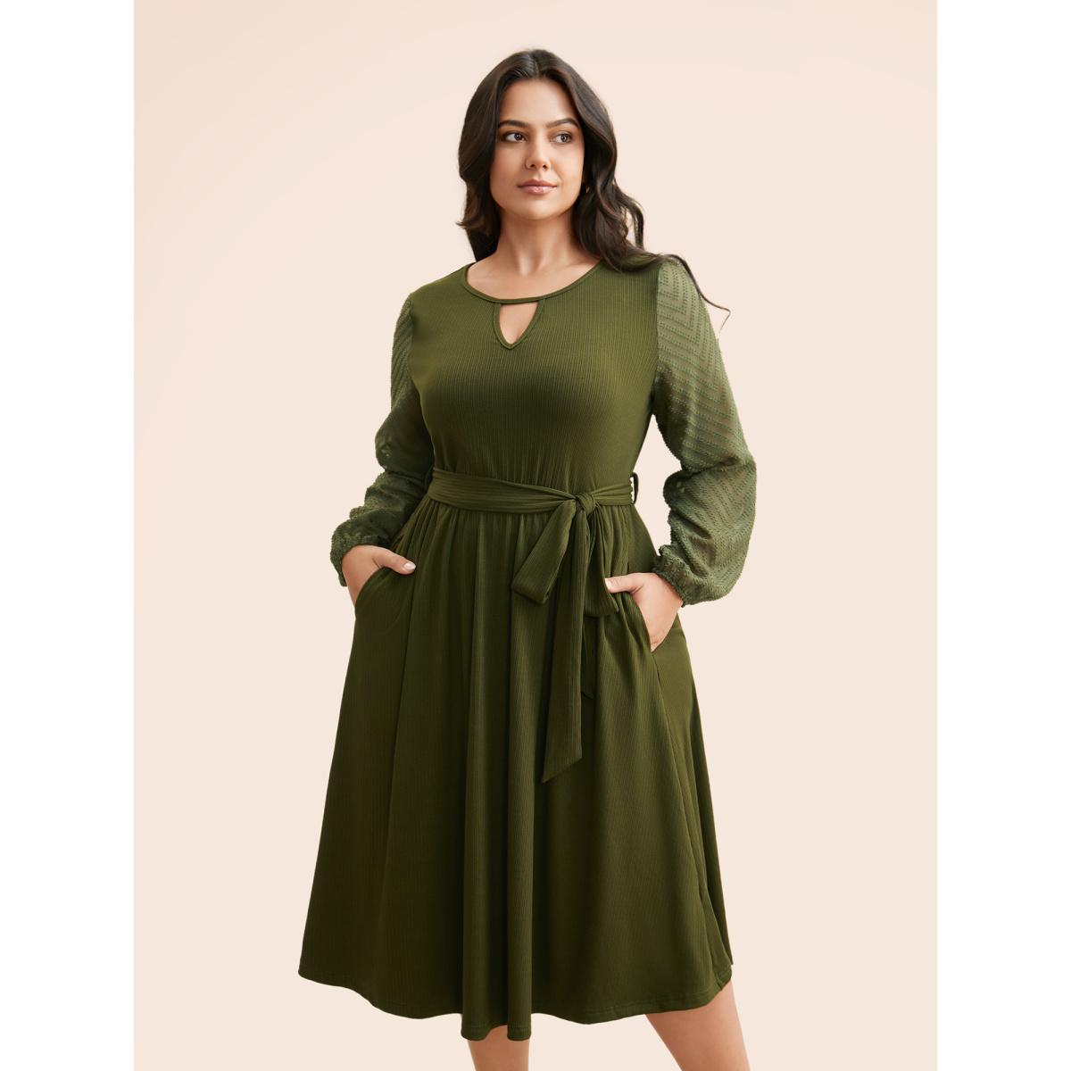 Plus Size Textured Patchwork Keyhole Belted Dress Moss Women Elegant Texture Round Neck Long Sleeve Curvy BloomChic 10/M Product Image