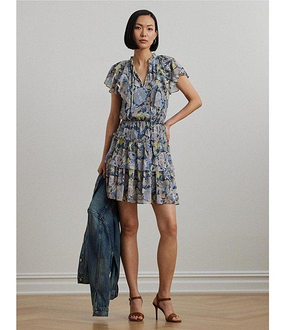 Lauren Ralph Lauren Crinkle Georgette Floral Ruffle Trim Tiered Dress Product Image