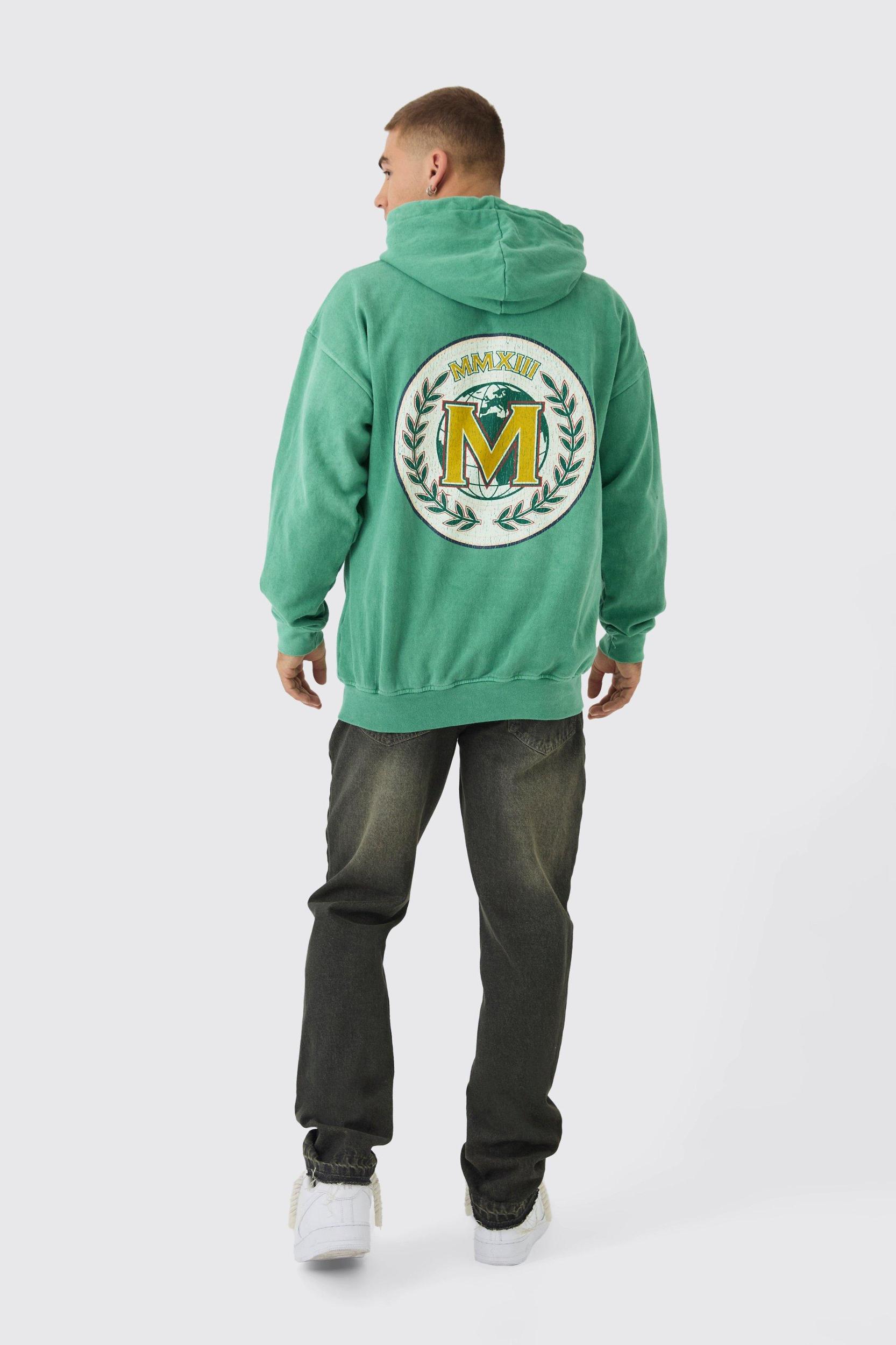 Oversized Washed Emblem Print Zip Through Hoodie | boohooMAN USA Product Image