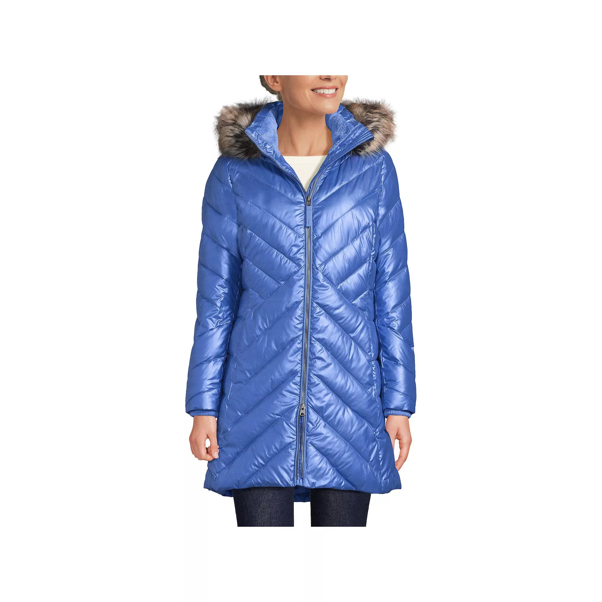 Petite Lands’ End Insulated Cozy Fleece Lined Faux-Fur Trim Hood Puffer Coat, Women's,  Product Image