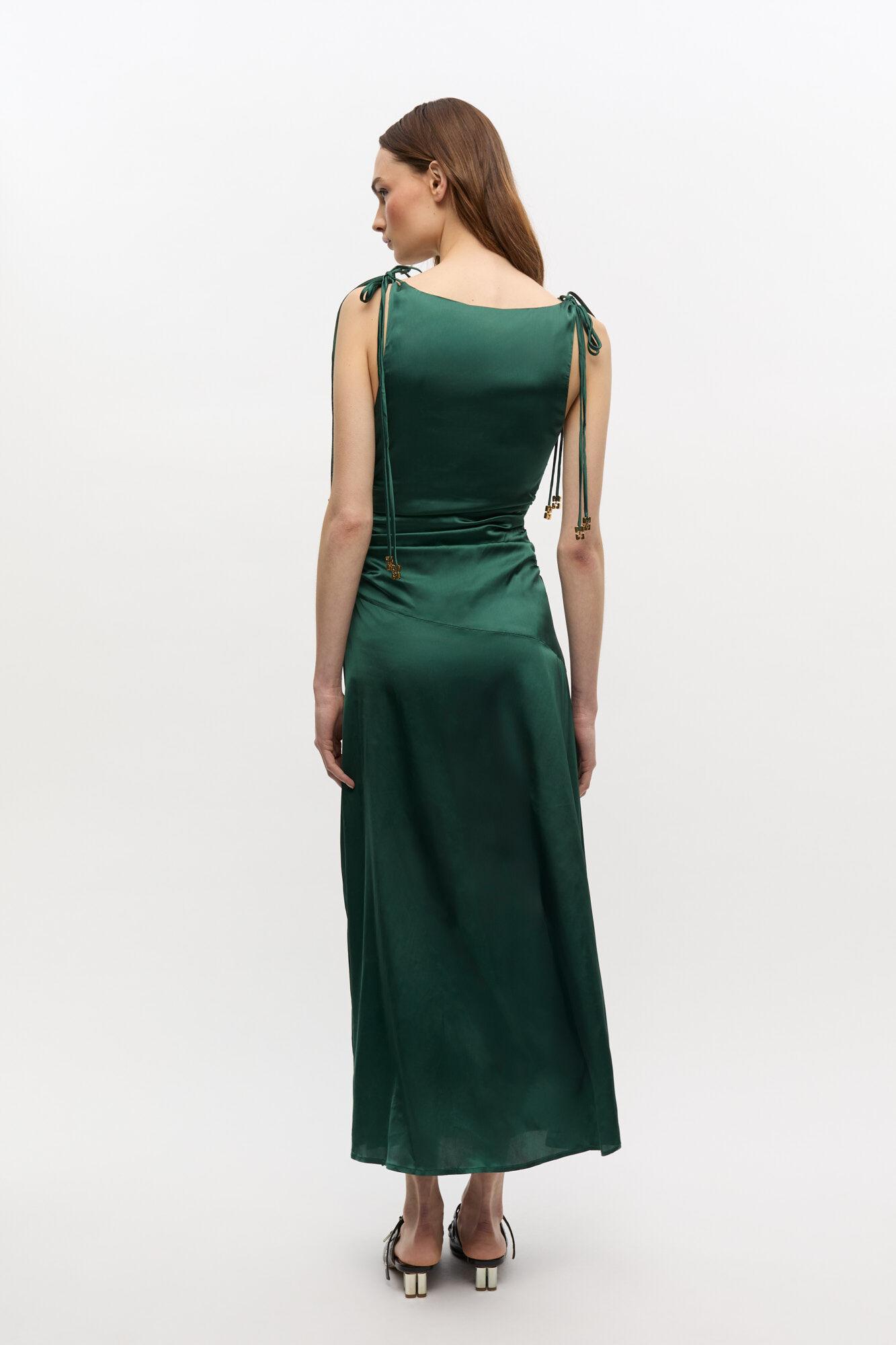 Green Satin Gathered Dress Product Image