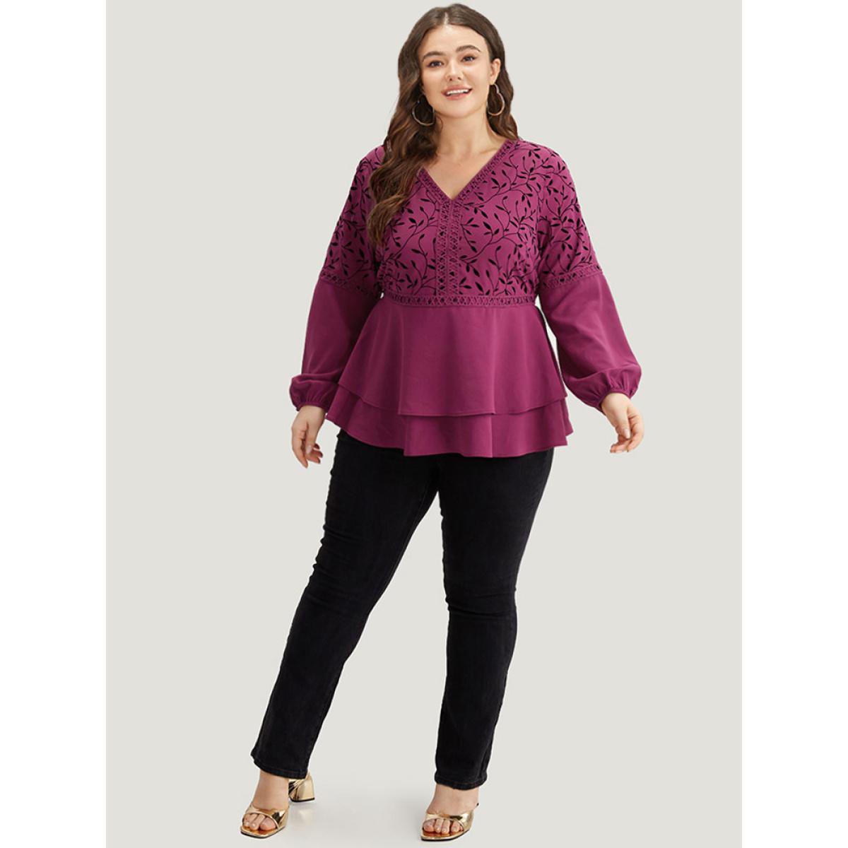 Plus Size RedViolet Silhouette Floral Print Lace Patchwork Layered Hem Blouse Women Elegant Long Sleeve V-neck Dailywear Blouses BloomChic 26/4X Product Image