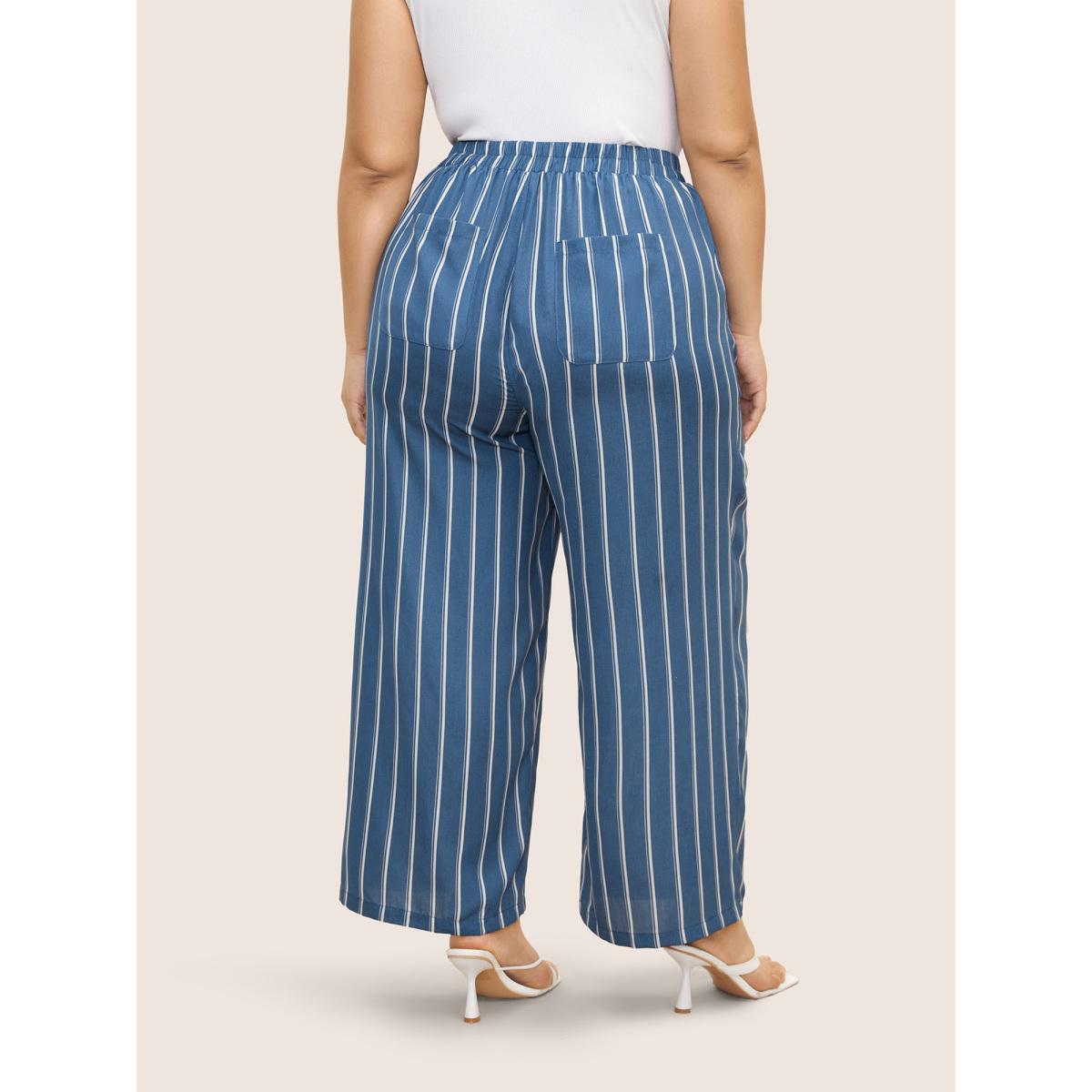 Plus Size Striped Elastic Waist Wide Leg Pants Women Cerulean Resort Loose Mid Rise Vacation Pants BloomChic 18-20/2X Product Image