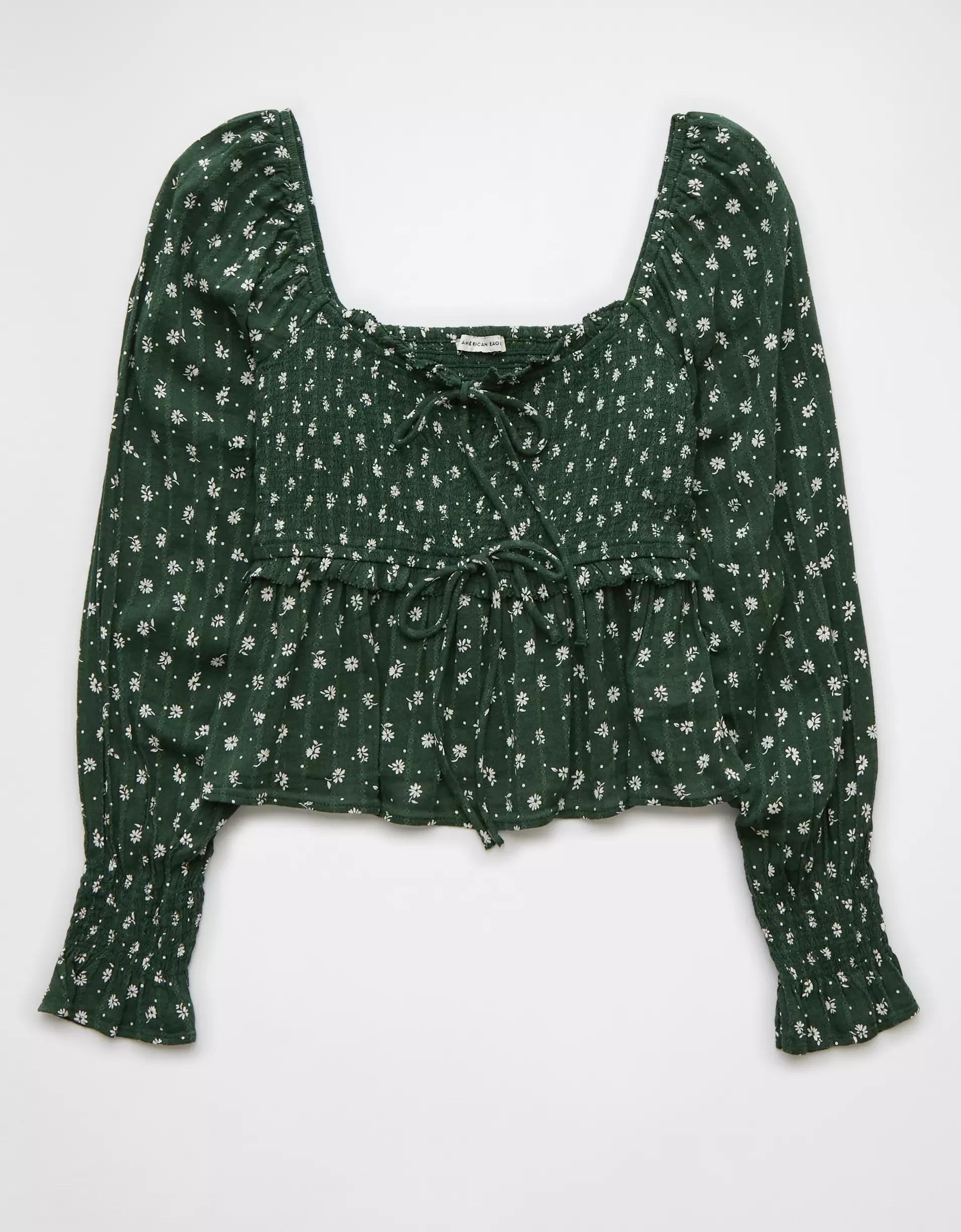 AE Long-Sleeve Smocked Tie Front Blouse Product Image