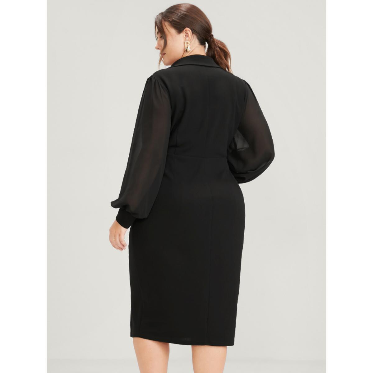 Plus Size Solid Mesh Lantern Sleeve Button Wrap Knee Dress Black Women Office Patchwork Lapel Collar Long Sleeve Curvy Knee Dress BloomChic 28/5X Product Image