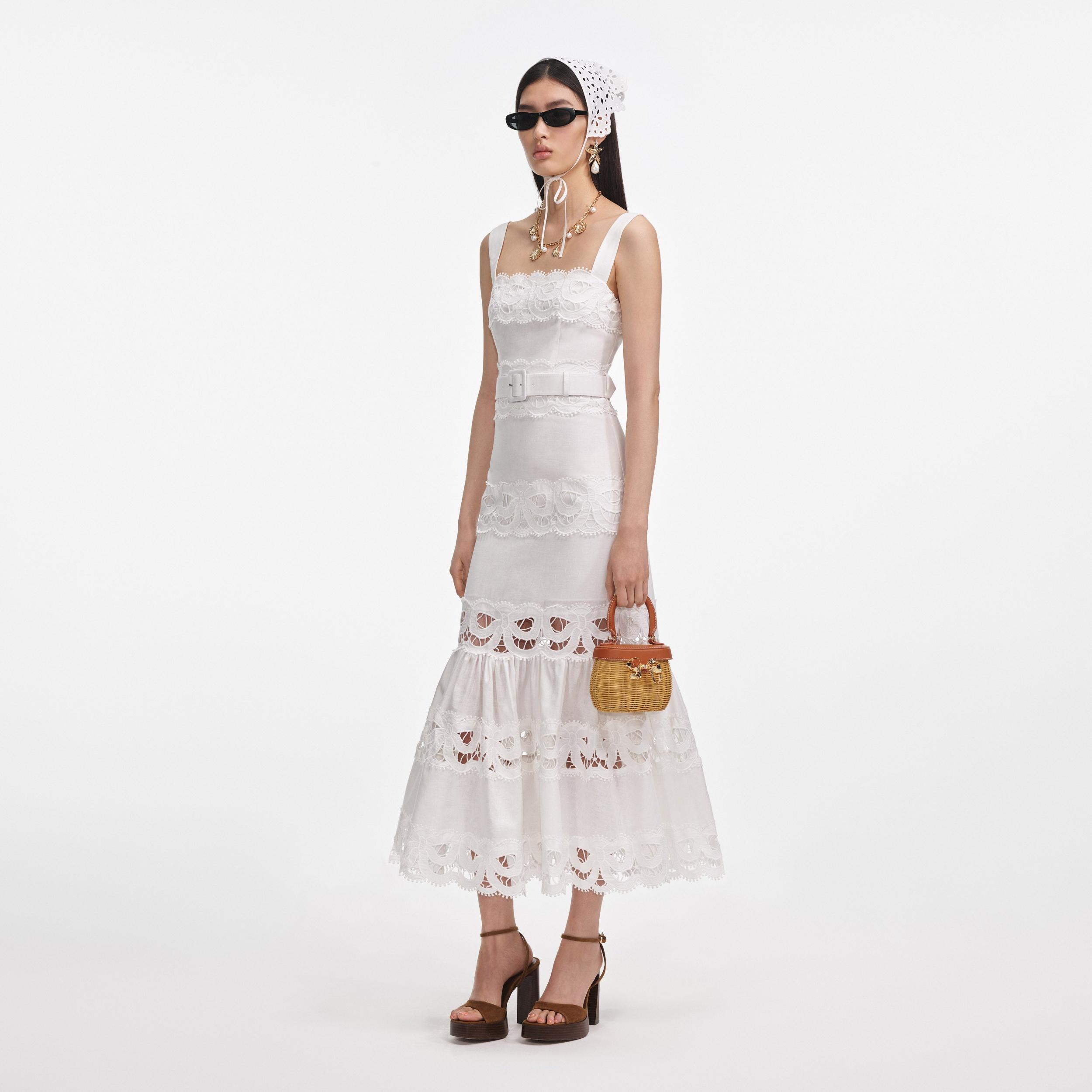 White Linen Lace Insert Midi Dress Product Image