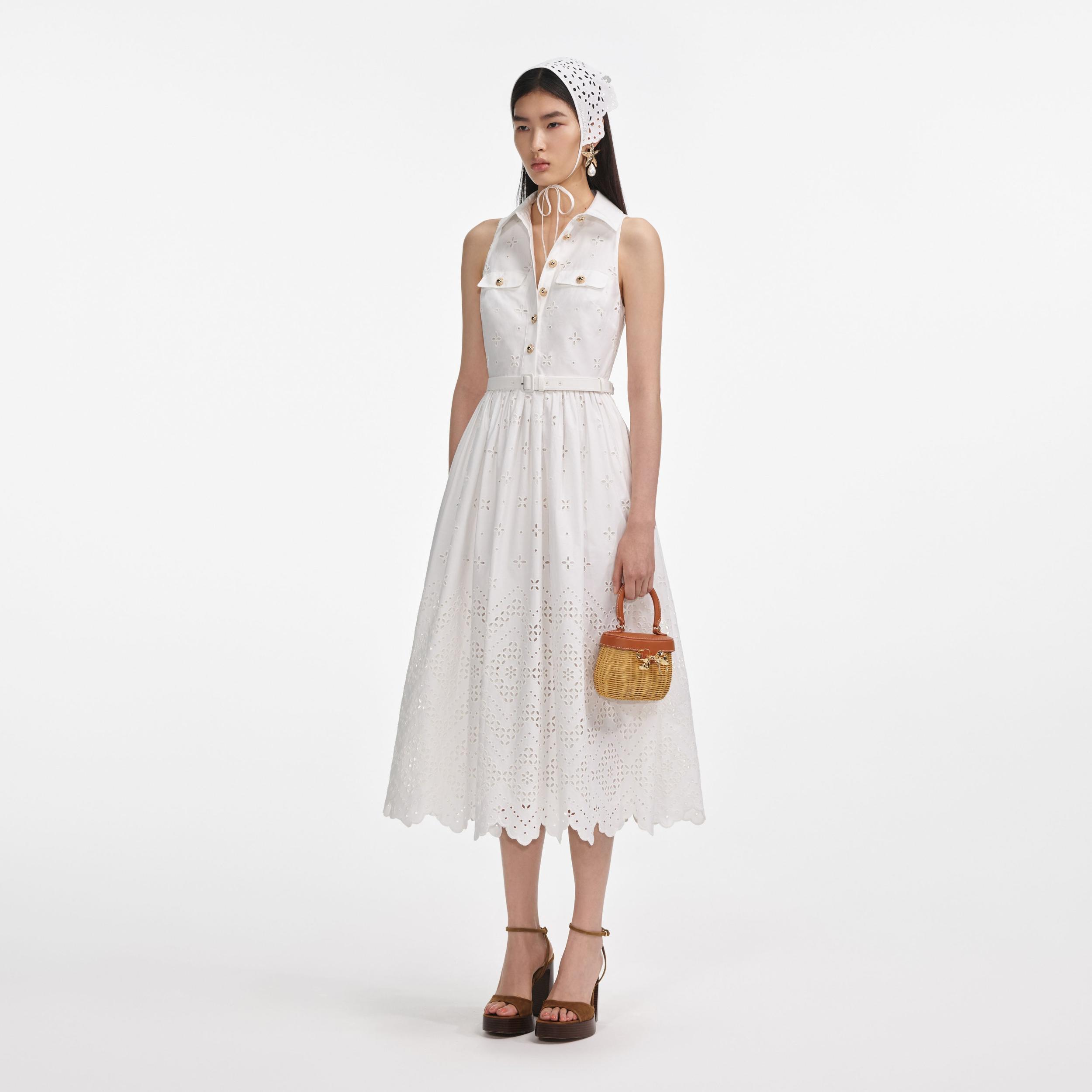 White Cotton Broderie Collared Midi Dress Product Image