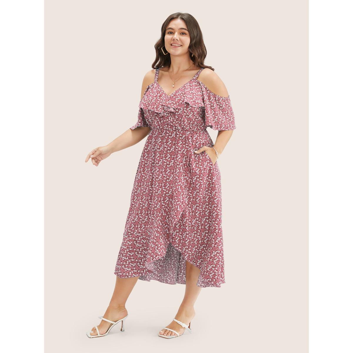 Plus Size Ditsy Floral Pocket Wrap Cold Shoulder Ruffle Dress DustyPink Women Romantic Non Overlap Collar Short sleeve Curvy Midi Dress BloomChic 26/4X Product Image